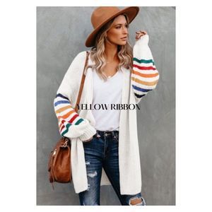 NEW Vintage 70’s 80’s White Rainbow Stripe Open Front Cardigan Sweater